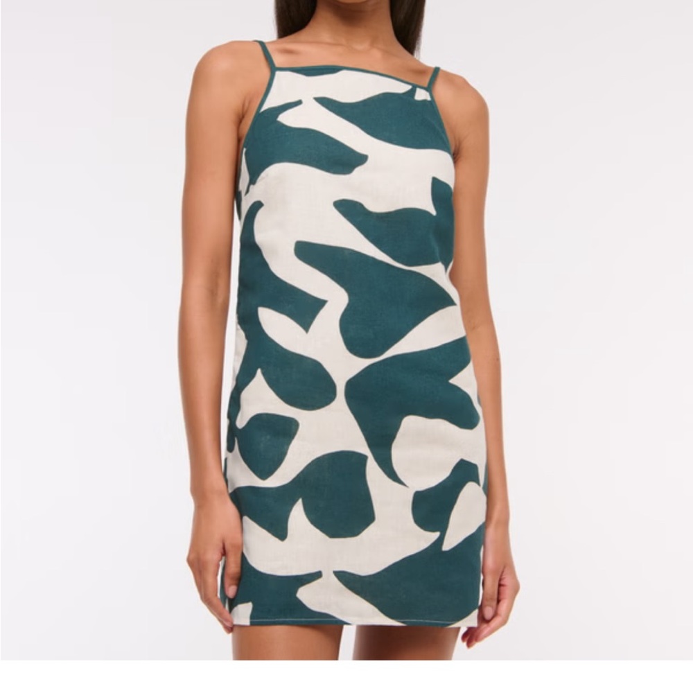 NWOT Abercrombie & Fitch Teal and Cream Linen Blend Apron Mini Dress
